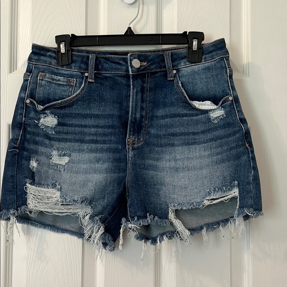 Blue Distressed Jean Shorts with Frayed Hem